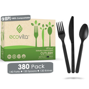 Ecovita Compostable Biodegradable Forks Spoons Knives Cutlery Utensils White