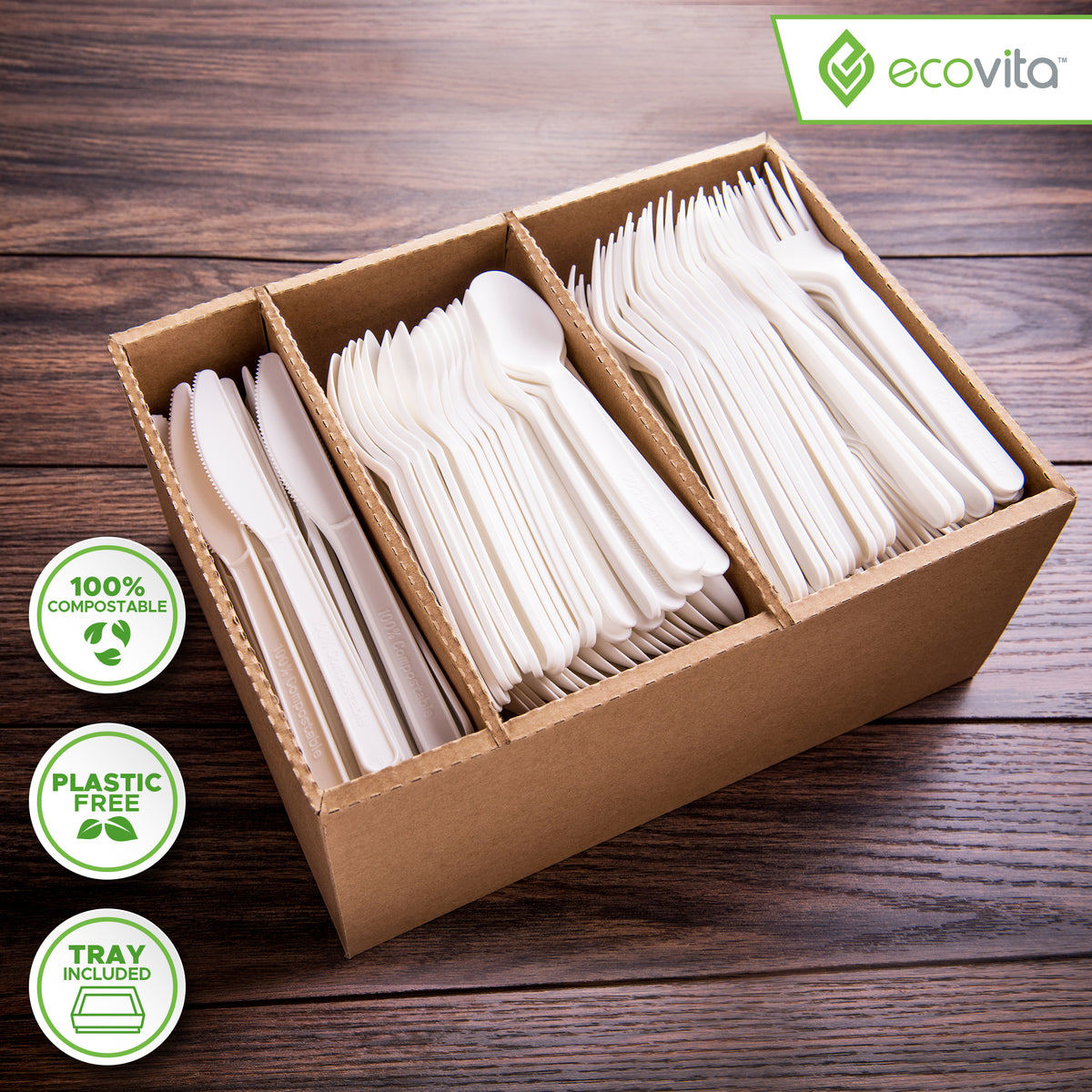 100 Compostable Forks Spoons and Knives Combo Eco Utensil Set Ecovita