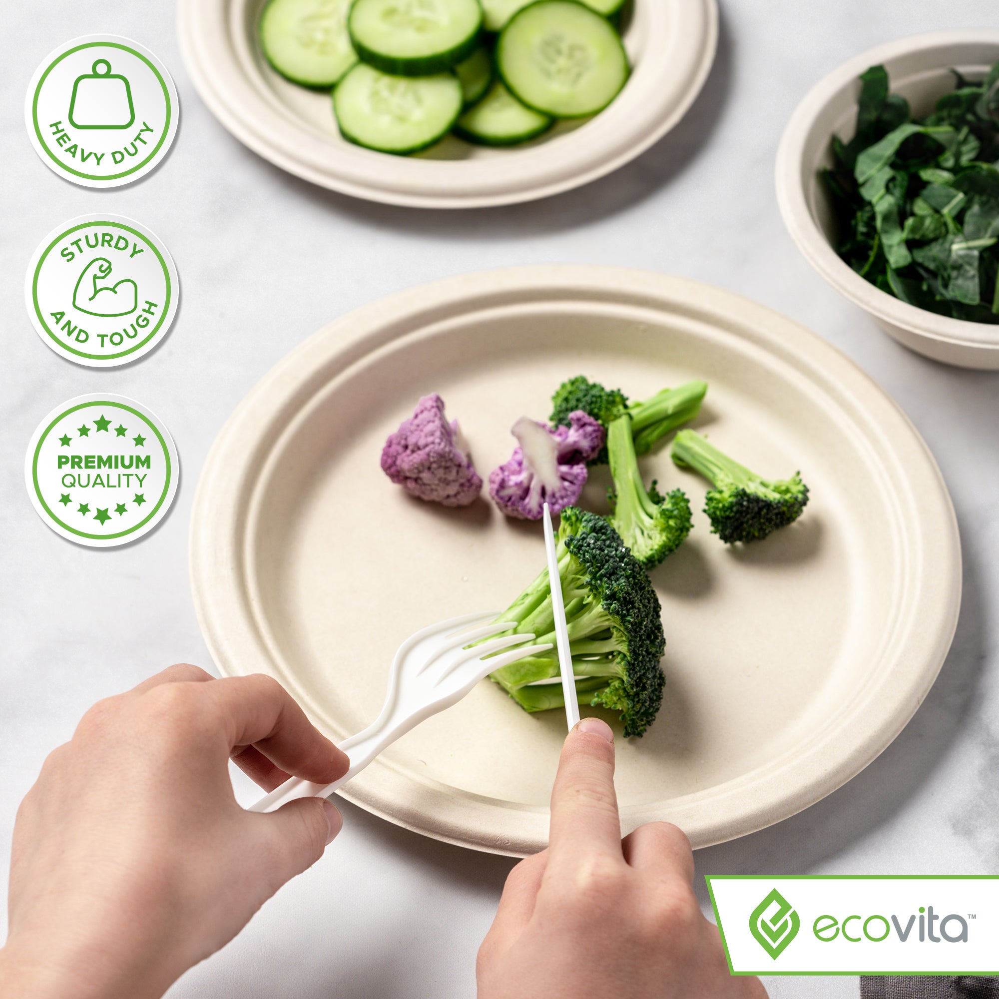 100% Compostable Paper Plates 9 in - 150 Plate Set | Ecovita / Unbleached - Eco Friendly Alternative to Paper Plates