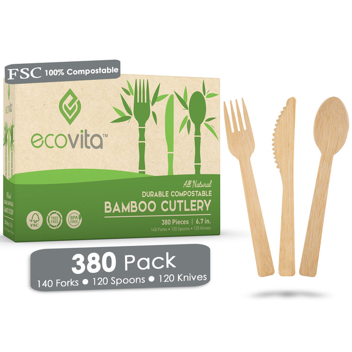 100% Bamboo Compostable Forks Spoons and Knives - 380 Piece Eco Cutlery Combo Set - Eco Friendly Alternative to Wooden Utensils