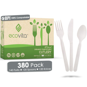 Ecovita Compostable Biodegradable Forks Spoons Knives Cutlery Utensils White