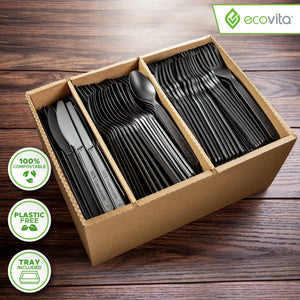 Ecovita Compostable Biodegradable Forks Spoons Knives Plastic Free Convenient Tray Black