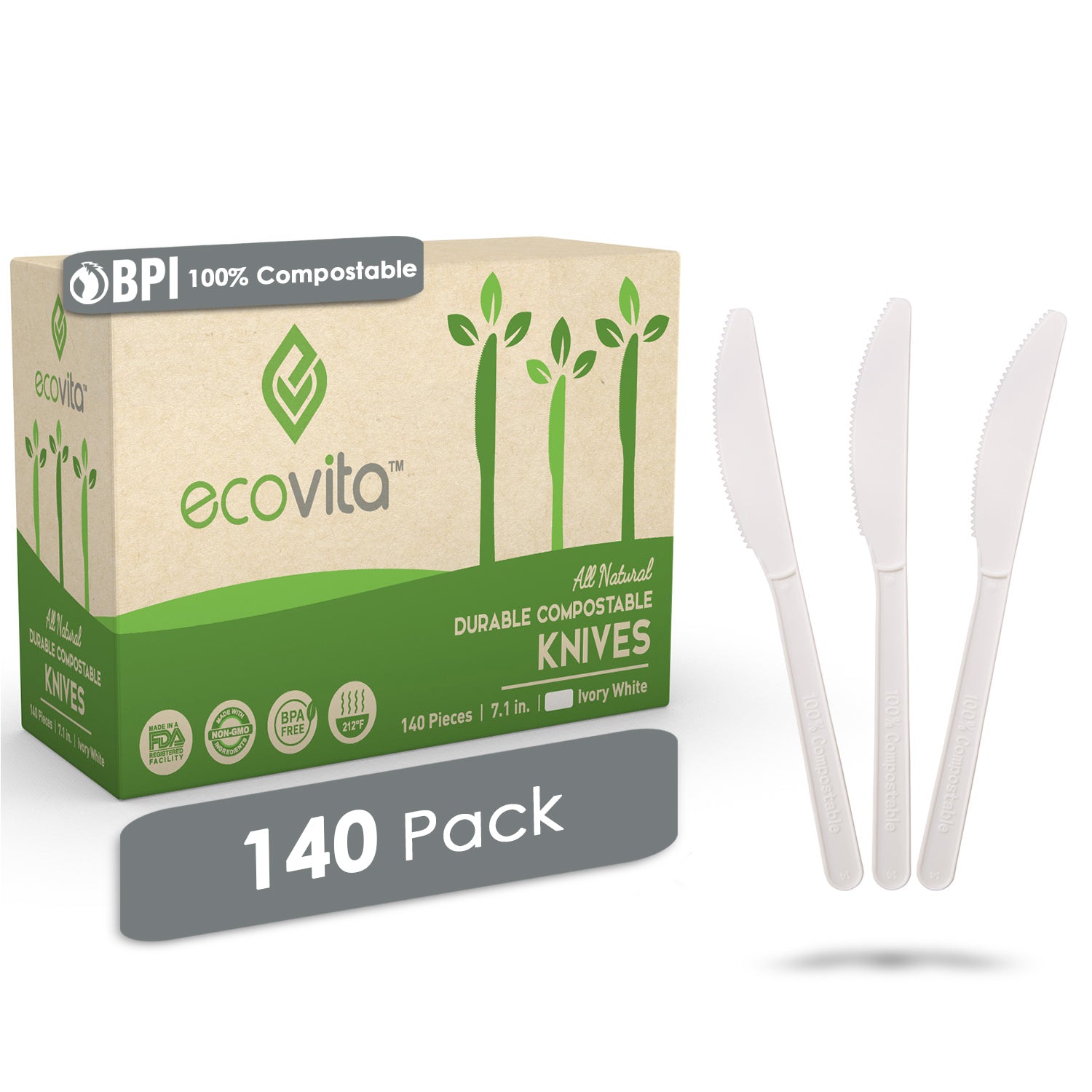 100% Compostable Knives - Disposable Eco Knife Utensil Sets - Eco Friendly Alternative to Plastic Knives, Size: 7.1 in