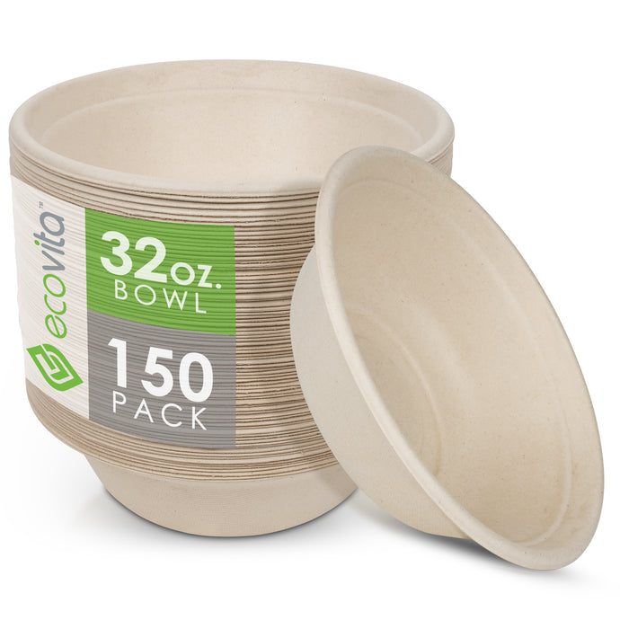 100% Compostable Paper Bowls [32 oz.] – 150 Disposable Bowls Eco Friendly Sturdy Tree Free Alternative to Plastic or Paper Bowls
