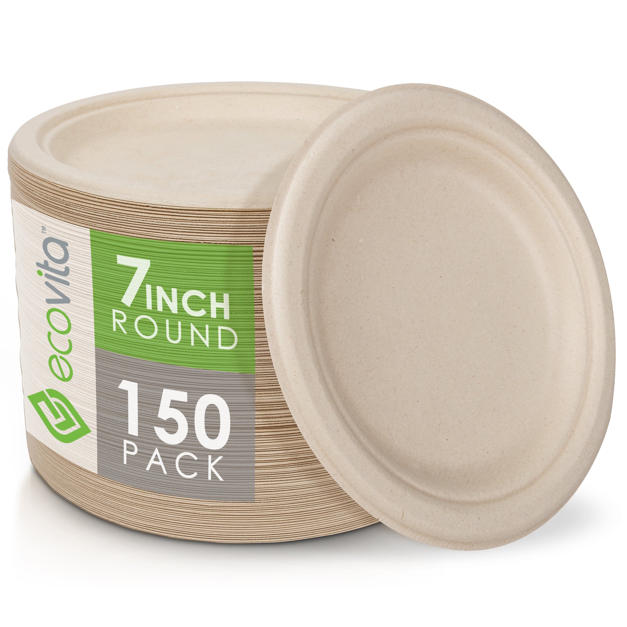 Ecovita 100% Compostable Paper Plates [7 in.] 150 Disposable Plates Eco Friendly Sturdy Tree Free Liquid and Heat Resistant Alternative to Plastic or