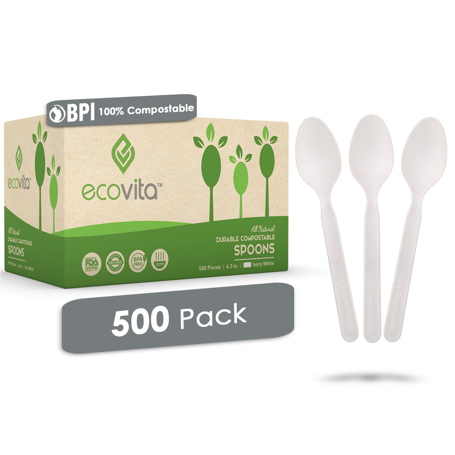 100% Compostable Spoons - 140 & 500 Large Disposable Eco Utensil Set ...
